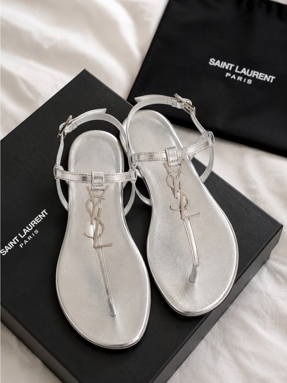 Rare metallic silver Saint Laurent Cassandra/YSL logo thong sandals
